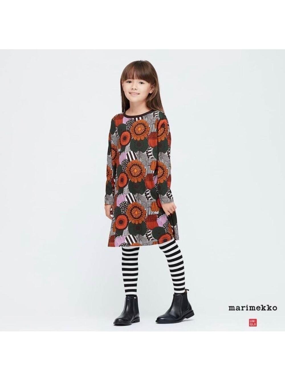 Uniqlo x Marimekko Girls Print Dress Long Sleeve black Orange Pink Gray